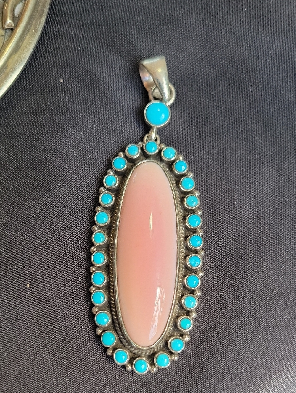 Sterling Pendant Necklace with Pink Oval Stone and Turquoise Accent